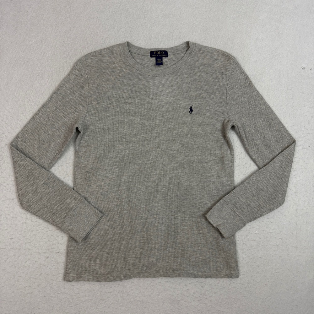 Polo Ralph Lauren Boys Large 14-16 Gray Waffle Knit Thermal Long Sleeve Shirt